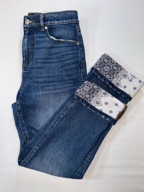 LOFT The Straight Crop Jeans Women’s 25/0 Blue Denim Cropped Paisley Cuff Detail